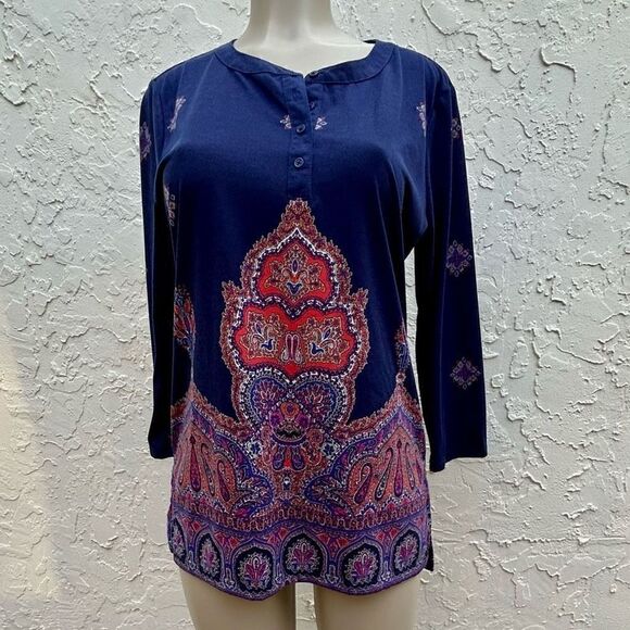 Liz Claiborne Womens Medium Paisley Heritage Tunic Blouse Quarter Sleeve - Picture 2 of 13